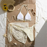 3PCS With Sarong Flower Lace Halter Bikini Women Swimwear Female Swimsuit Three-Pieces Bikini Set Bather Bathing Suit Swim V8277