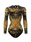 2026 Printed Mesh Swimsuit One Piece & Beach Dress Long Sleeves Swimwear Women Bathing Swimming Swim Suit Padded Beachwear
