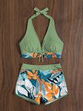 2026 Summer Women's Print Patchwork Swimsuit Sexy Deep V Neck Back Lace-up Swimwear High Waist Shorts Tankini Bathing Suit Beach