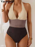 S - XL Splicing V Neck Backless Halter Women Swimwear One Piece Swimsuit Female Monokini Padded Bather Bathing Suit Swim V7559
