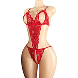 Women’s Floral Lace Bodysuit Lingerie, Red Sheer Mesh Teddy with Bowknot Straps, Front Cutout Thong Sleepwear for Anniversary