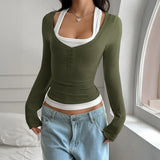 Women's Y2K Fake Two Piece Long Sleeve Cami Top, Fashion Slim Fit Sexy Streetwear T-Shirt