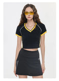 Hot girl top V-neck exposed navel contrasting color splicing clothes women's street short-sleeved T-shirt