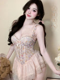 Sexy French Style Light Luxury Sexy With Chest Pads Pure Desire Floral Print Dress Backless Deep V Sleeveless Dress Elegant MO9K