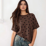 Women Dots Print T-shirs Crew Neck Short Sleeve Summer Loose Vintage Tops for Casual Daily