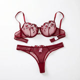 Ladies' wine red heart-shaped design embroidered semi transparent comfortable breathable underwear set, suitable ZA825026