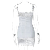 FDYOUI Women's Lace Patchwork White Wedding Party Dresses Sexy Spaghetti Strap Backless Skinny Mini Evening Prom Dress Clubwear