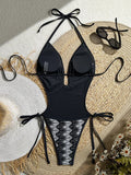 Printed Halter V Neck One Piece Swimsuit Women Swimwear Female Backless Monokini High Leg Cut Bather Bathing Suit Swim Bodysuit