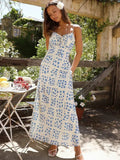 Foridol Ruffles Straight Elegant Women's Dress Summer Printed Boho Beach Maxi Dress Spaghetti Strap Floral Blue Sundress 2025