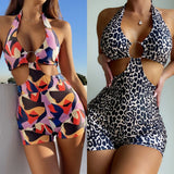2 Colors Sexy One Piece Swimsuit Swimwear Women Black Leopard Colorful Print High Waist Halter Bathing Suit Beachwear Metal Hoop