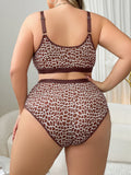 Women’s Sexy Leopard Print Lingerie Set, Plus Size Color Block Minimizer Bra, Supportive Side-Smoothing Underwear