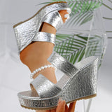 Chunky Wedges Gold Sandals Women Plus Size 42 High Heel Platform Slippers Woman Snake Pattern Pu Leather Summer Sandles Female