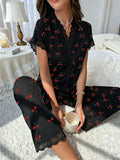 Women Sleepwear Black Lace Trim Cherry Print 2 Piece Pajamas Set Short Sleeve Top & Full-Length Pants Homewear