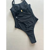 Metal Ring Backless Black Women Swimwear One Piece Swimsuit Female Brazilian High Leg Cut Padded Bather Bathing Suit Swim V7512