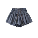 Korean Women's Casual Shorts With Elastic Waist And Drawstring Pleated Plaid A-line Wide-leg Hot Pants For Trendy Girls EHL7