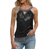 Women's Sequin Glitter Tank Tops Sleeveless Crew Neck Slim Fit Camisole For Holiday Backless Bow Tie Streetwear Party Club Vest