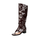 Plus Size Women Open Toe Thong Knee High Boots Metal Buckle Ruched Mid Block Heel Tall Sandal Boots Fashion Streetwear Long Boot