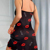 Women's Red Lip Letter Print Sexy Frill Trim Sleepwear Dress Round Neck Backless Slip Dress Comfortable Nightgown