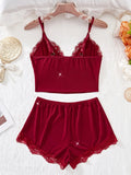 Women Sleepwear 2pcs Floral Contrast Lace Pajama Set V Neck Solid Color Bow Top & Shorts Suit Home Clothes Loungewear