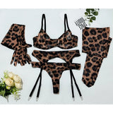 Toucheart Erotic Lingerie Leopard Print 5-piece Set with Gloves and Stockings Tie-dye Printed Sexy Hot Lingerie Suit for Women