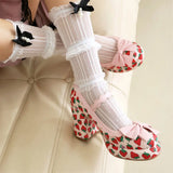 Big Size 43 High Quality Women's y2k Block High Heels Sweet Strawberry Print Mary Jane Pumps Black Pink Platform Lolita Shoes