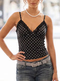 Women Retro Stylish Camis Dots Print Lace Trim Sleeveless V Neck Slim Fit Tank Tops Spaghetti Strap Vest Summer Daily Casual