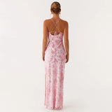 Women Summer Glitter Sequin Beaded Flower Cami Dress Slim High Split Spaghetti Strap Open Back Long Dresses for Party Club