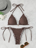 Triangle Halter String Bikinis 2026 Women Sexy Ruffle Swimsuit Solid Cherry Swimwear Female Bathers Bathing Swimming Swim Suit