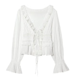 Women's Fashion Embroidered Tulle Blouse White Lace Ruffle Trim Tie Front Blouse Sleeve V Neck Casual For Women Daily Wear F4FI