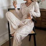 Spring slim Pajamas Homewear Set Flower Print Long-Sleeve tops and long pants sexy V-Neck Two-piece Pj Sets sleepwear Lounge
