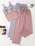 Women Ribbed Pajama Set Lace Trim Cami Top and Pants Sleepwear Soft Breathable Button Front Loungewear