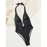 Polka Dots Halter Deep V Neck One Piece Swimsuit Women Swimwear Female Backless Monokini Padded Bather Bathing Suit Swim V7729