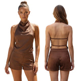 Summer Women's Solid Color Satin Shorts Sets Backless Mock Neck Halter Tops with Shorts 2 Piece Outfits Casual Streetwear