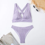 Wrinkled Crinkled Cross Back Bikini Women Swimwear Female Swimsuit Two-pieces Bikini Set High Cut Bathing Suit Swim Beach Wear