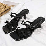 Zoki Elegant Bowknot High Heels Sandals Women Square Toe Design Thin Heels Slippers Woman Fashion Slip On Party Shoes Female