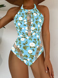2026 Halter Mesh Swimsuit One Piece With Skirt Printed Swimwear Women Bathing Swimming Swim Suit Padded Beachwear Summer XXL
