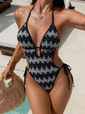 Printed Halter V Neck One Piece Swimsuit Women Swimwear Female Backless Monokini High Leg Cut Bather Bathing Suit Swim Bodysuit