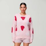 Women Spring Knitted Sweater Long Sleeve Round Neck Pearl Heart Print Knitwear Loose Pullover Tops
