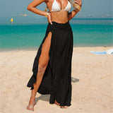 Solid High Slit Crochet Knitted Beach Skirt Tunic Beach Cover Up Cover-ups Beach Dress Beach Wear Beachwear Female Women V7584