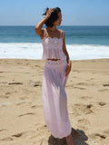 Women Pant Set Sheer Layers Spaghetti Strap Backless Lace Top Straps Solid Loose Straight Elastic Hem Fashion Beach Chic Suits