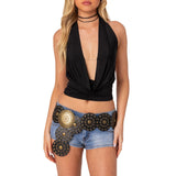 Women's Solid Color Cropped Halter Neck Cami Tops Sleeveless Open Back Deep V Neck Slim Fit Tank Tops