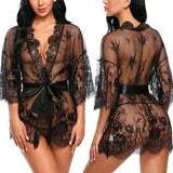 See Through Lace Babydoll Women Sexy Lingerie Erotic Transparent V-Neck Nightwear Robe G-string Robe Sleepwear Dress