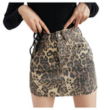 Womens Leopard Print Denim Mini Skirt High Waist Bodycon Pencil Skirts Sexy Slim Fit Hip Wrapped Night Club Skirts Streetwear
