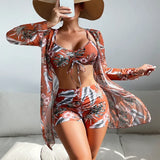 New Women's 3 Pieces Swimsuit Allover Print Tankini+Long Gauze Coat Cover-Up Swimwear High Waist Shorts Bathing Suit Beachwear