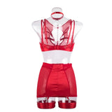 Toucheart 5-Pieces Erotic Lingerie Sexy Hip Skirt For Women Mesh Patchwork Hollow Out See-Through Lure Garters Underwear Suit