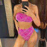 Sexy Wave Striped Bandeau High Waist Bikini Female Swimsuit Women Swimwear Two-Pieces Bikini Set Bather Bathing Suit Swim V5445
