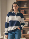 Women Long Sleeve Spring Fall Lapel Collar T-shirts Striped Contrast Color Loose Pullovers Streetwear Tops