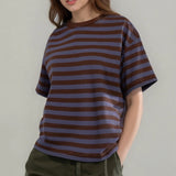 Striped Print Summer T-shirt for Women Loose Casual Contrast Short Sleeve Round Neck Basic Tops