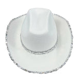 Women Shiny Sequined Wide Brim Cowboy Hat Western Style Sun Cap for Club Party