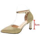 ZOKI Bling Gold Silver Women's Pumps 2024 Sexy Point Toe Thin Heel Party Wedding Shoes Woman Summer Ankle Strap High Heels Shoes